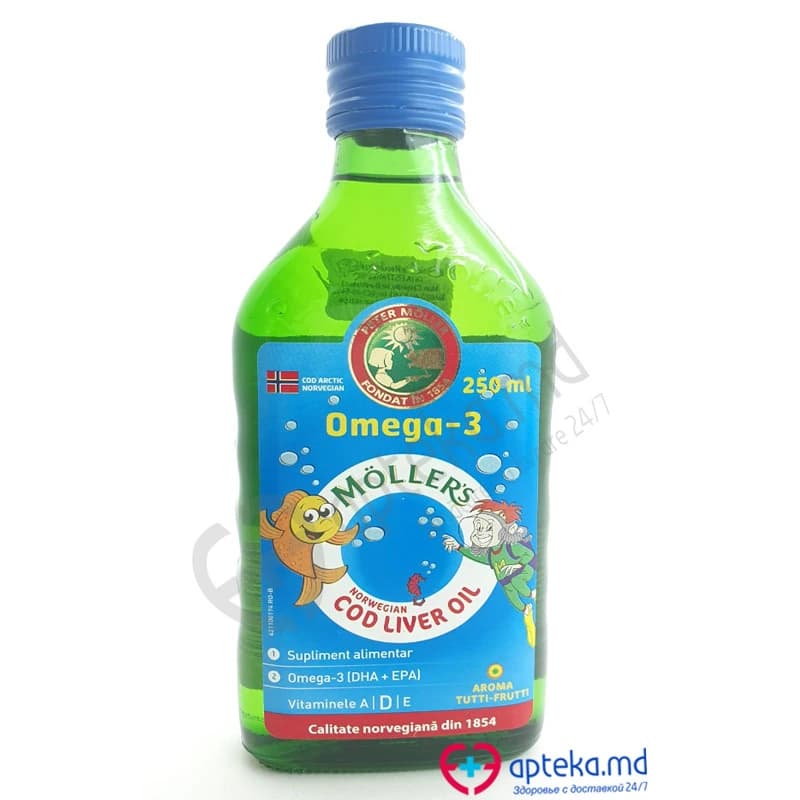 Moller's Cod Omega-3 масло печени трески, аромат тутти-фрутти, 250 мл